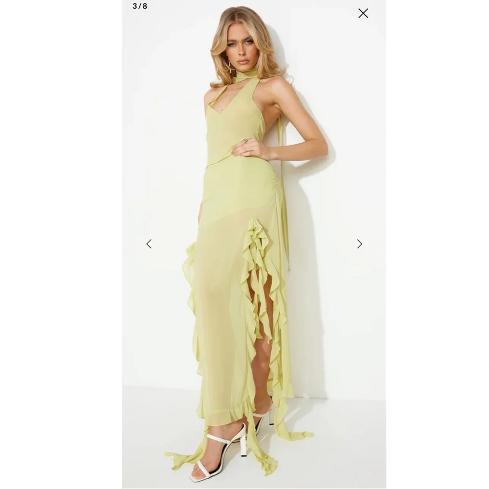 Lioness Lime Chiffon Maxi Skirt with Asymmetrical Hem, Ruching, and Ruffles - Picture 6 of 9